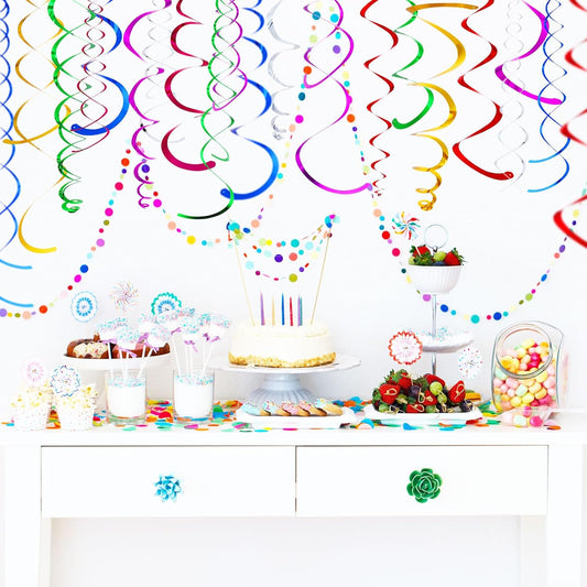 Bememo 84 Pcs Hanging Swirl Decorations Colorful Metallic Ceiling Streamers for Birthday Graduation Wedding Baby Shower Thanksgiving & Celebration Party Decor