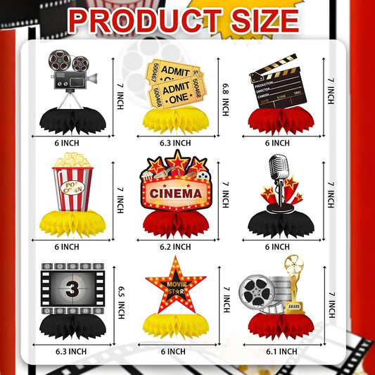 9Pcs Movie Night Party Honeycomb Centerpieces Decorations, 3D Movie Theme Birthday Table Topper, Hollywood Party Decor