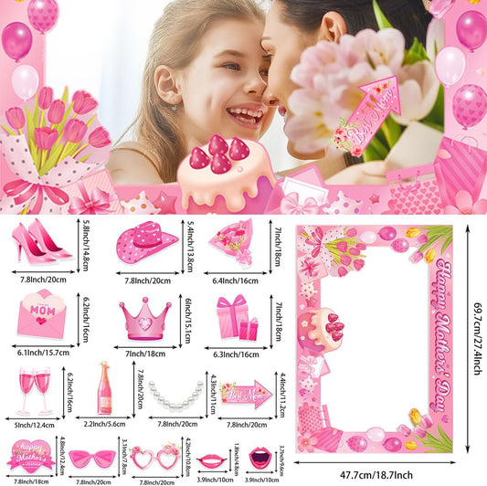 Mother's Day Photo Booth Props with Photo Frame Colorful Floral Happy Mother's Day Directional Posing Sign Selfie Props for Photoshoot Flowers Best Mom Ever Thank You Mum Photography Decor 16Pcs