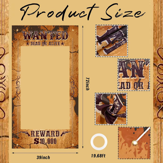 Large Western Wanted Poster Western Cowboy Party Decoration Wanted Photo Booth Frame Wild West Selfie Banner Backdrop for West Cowboy Birthday Party Retro Rustic Decoration Supplies (Brown)