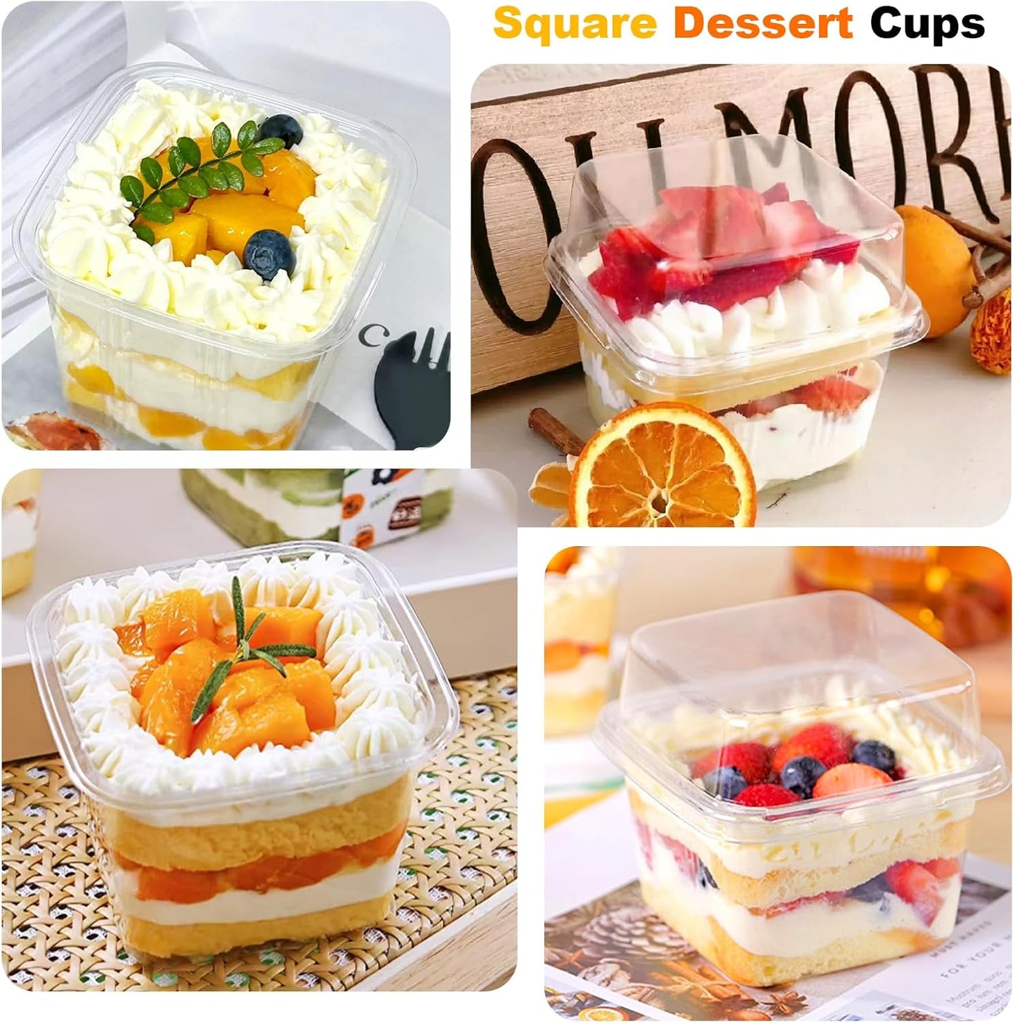 YOIYINI 25Pcs 8oz Mini Square Clear Dessert Cups with Lids and Spoons,Plastic Ice Cream Containers,Fruit Cups with Lid for Party,Disposable Dessert Cups for Fruit,Salads,Cupcakes,Parfait,Pudding