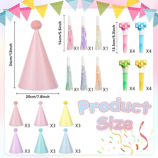 40Pcs Pastel Party Hats and Noise Makers Kits with 18 Rainbow Birthday Hats 16 Tube-style Party Blowers 6 Glitter Fringe Blowers for Pastel Theme Favors Colorful Rainbow Kids Birthday Decoration
