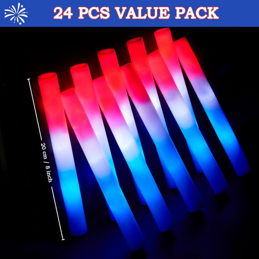 JOYIN 24Pcs July 4th Foam Glow Sticks, Red White Blue Patriotic LED Sticks with 3 Modes Flashing for Kid Adult, Glow in The Dark Party Favor Supplies for Independence Day Parade, Concert, Carnival