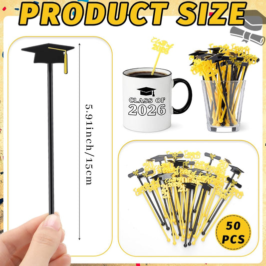 Novabright 50 Pcs Graduation Drink Stirrers Class of 2026 Coffee Stir Sticks Graduation Party Favor Congrats Grad Cocktail Mixers Plastic Swizzle Sticks Beverage Tea Party Bar Supplies