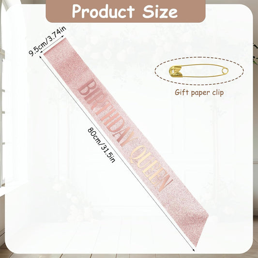 Piriuuo Rose Gold Birthday Queen Sash, Glitter Happy Birthday Sash for Women with Gold Foil 'Birthday Queen' Birthdays Sashs for Girls Women