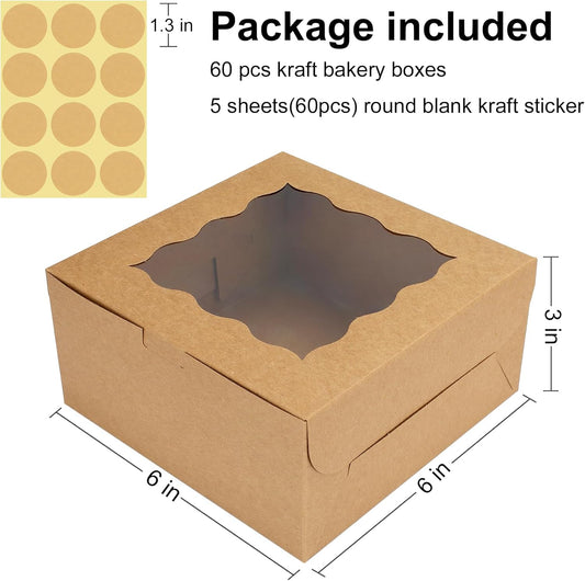 60 pcs Bakery Boxes with Window, 6 x 6 x 3 inches, Kraft Cookie Boxes Pastry Boxes for Baked Goods (Brown)