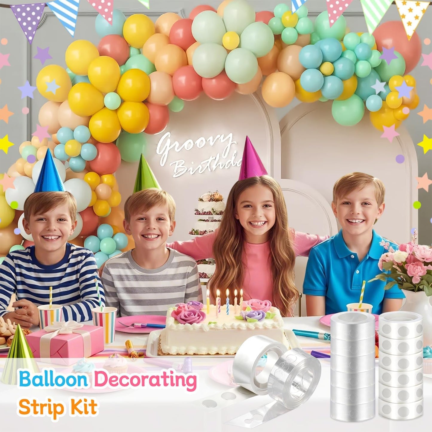 QIPUMP Balloon Arch Garland Kit,98.5ft Balloon Tape Strips&600 Glue Point Dot,Balloon Arch Strip Kit with 6pcs Hook and Ribbon(6) for Arch Kit Birthday Gender Reveal Party Wedding Decorations
