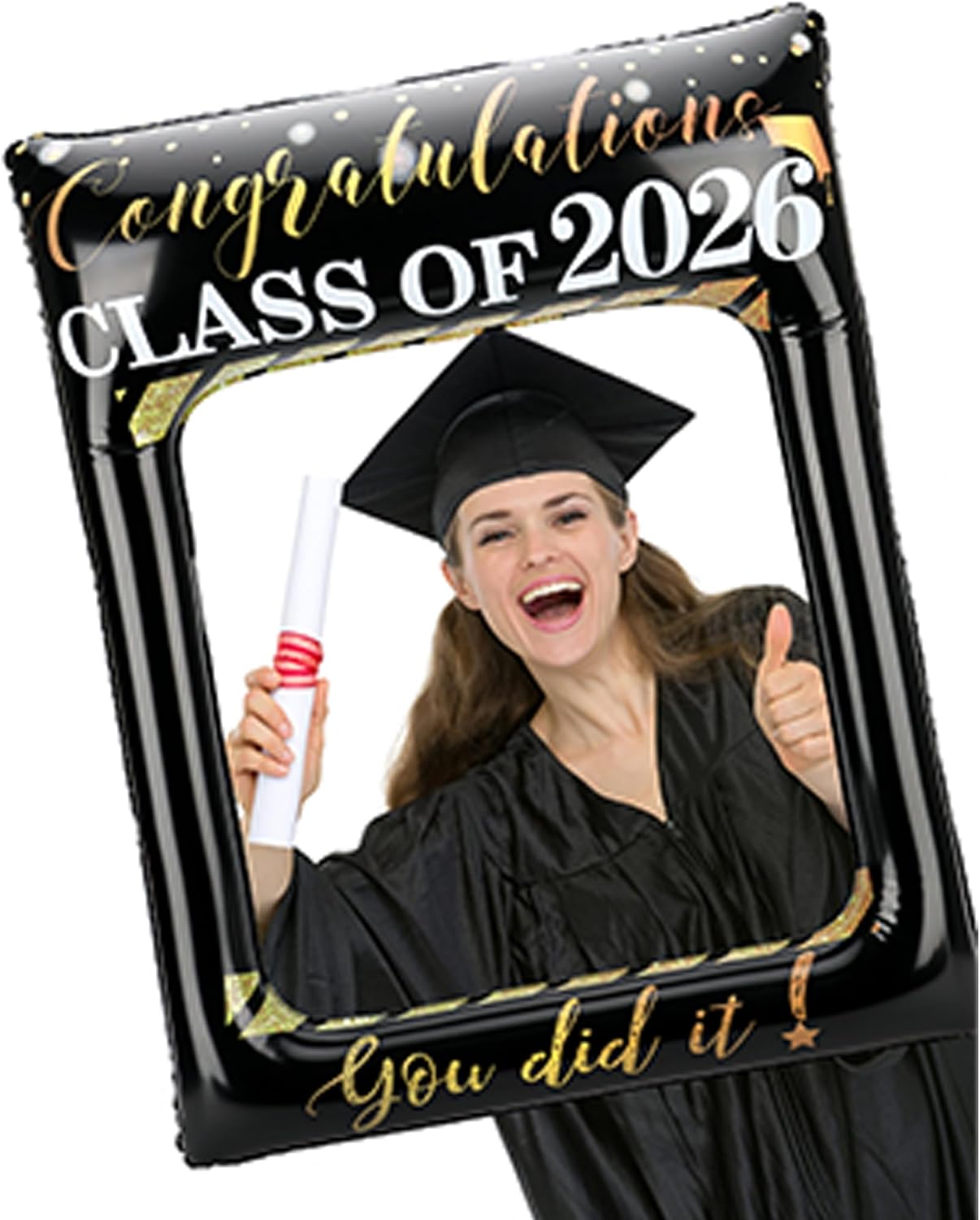 POPGIFTU Class of 2026 Graduation Photo Booth Frame, Inflatable Selfie Frame 31" x 24", Black Gold Congrats Grad Photo Booth Props for Graduation Party Decorations 2026