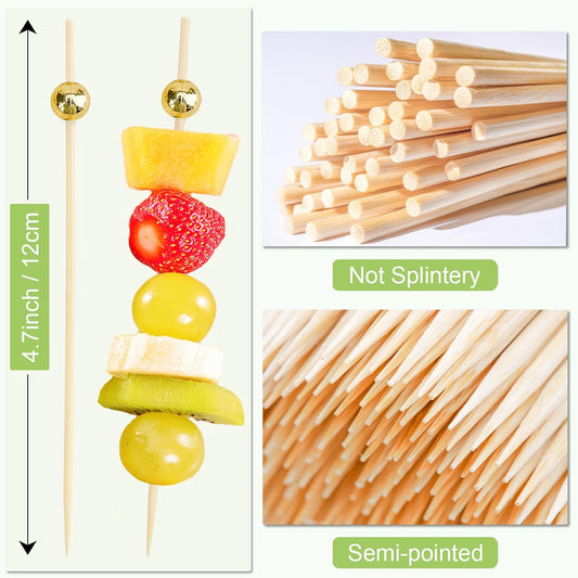 1000 Pieces Cocktail Picks Fancy Toothpicks for Appetizers 4.7 Inch Bamboo Cocktail Sticks Appetizer Skewers for Drinks, Fruit, Charcuterie, Wedding Food Party, Gold