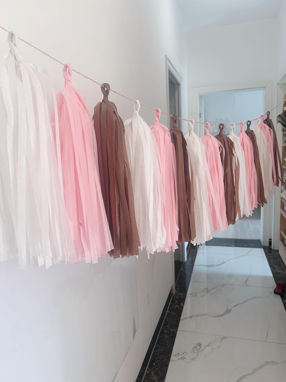 15 Pack Tissue Paper Tassel Garland Banner, Party Decoration in Pink, Brown and White Colors,DIY Kit