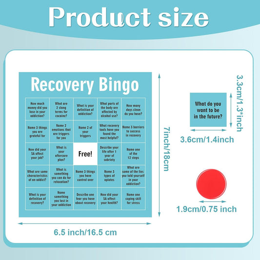 Recovery Bingo Game with 24 Cards and 600 Cross Chips Questions Recovery Bingo for Adults Addiction Group Family Vacation Holiday Party Favors