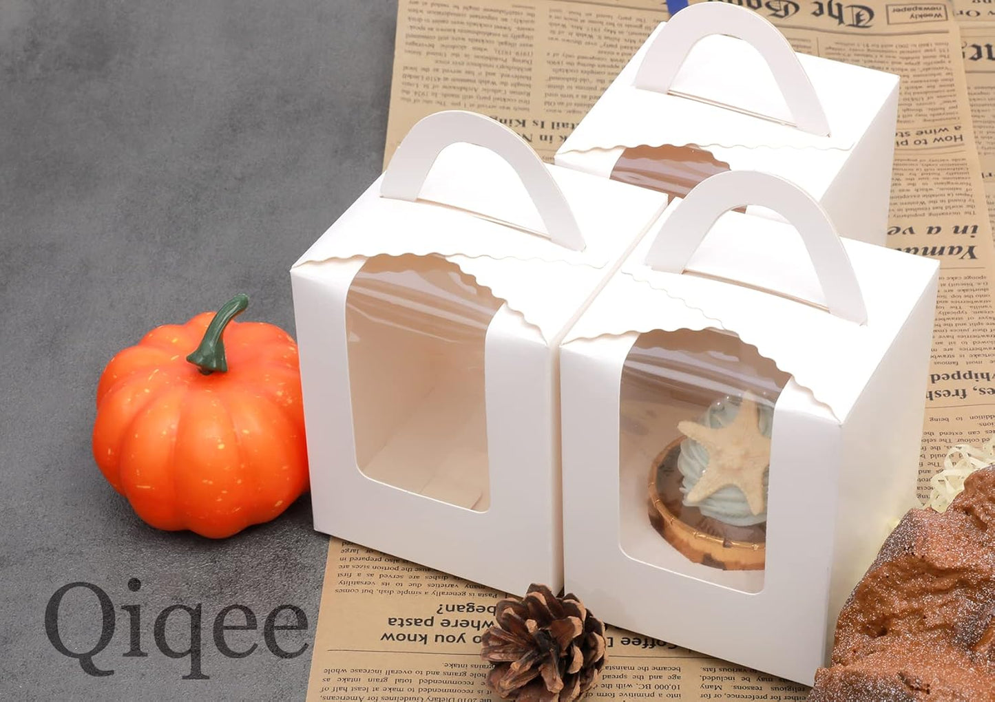 qiqee 60pcs Cupcake Boxes Individual Disposable White Single Box with Window 3.6 * 3.6 * 4.3inch Cupcake Containers/Holders