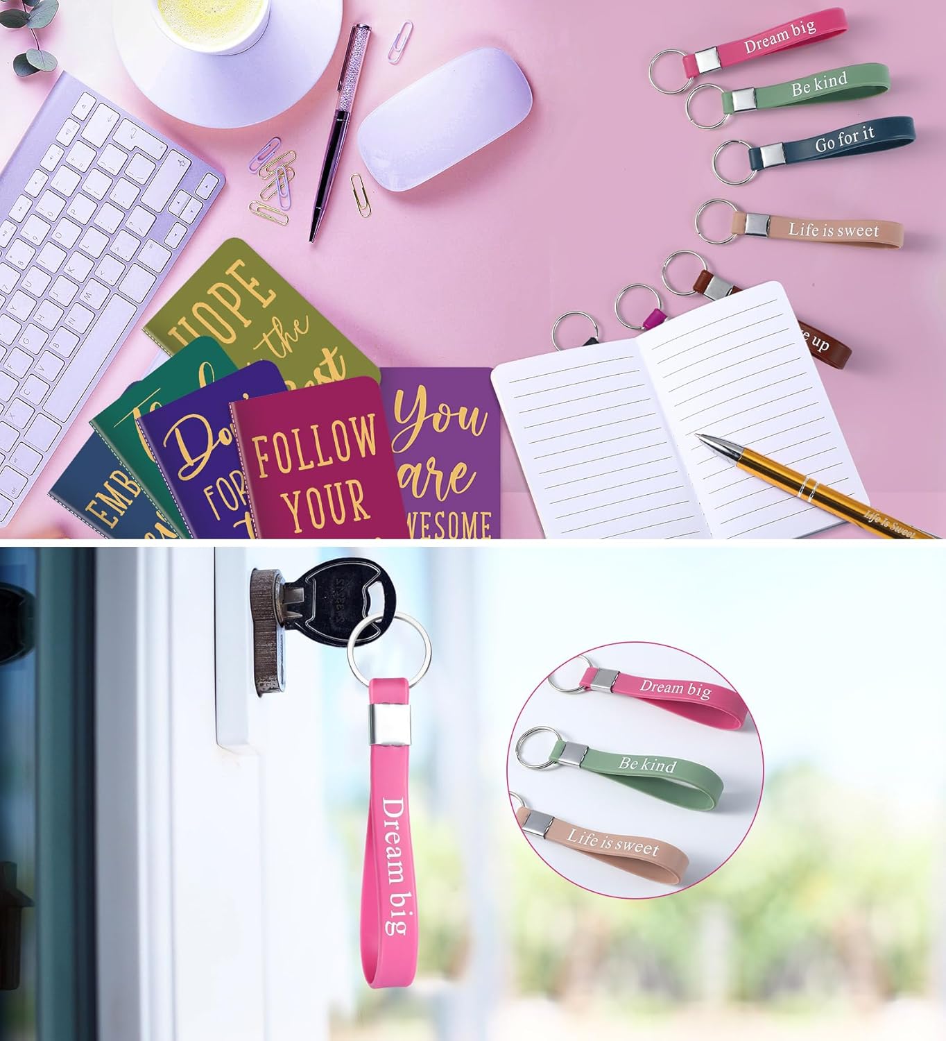 PerKoop 48 Pcs Inspirational Gifts Bulk Motivational Notepads Ballpoint Pens Keychains Set Modern Farmhouse Journal Notebooks Christian Gifts for Teachers School Office Party Favor Supplies