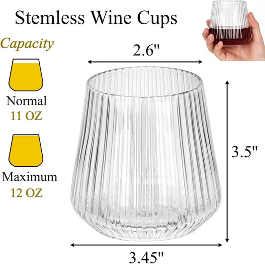 Tebery 20 Pack Plastic Ribbed Wine Glasses, 12 Oz Unbreakable Stemless Cocktail Cups for Party, Disposable Reusable Origami Style Ridged Drinking Tumbler for Champagne Catering Wedding Picnic Bar