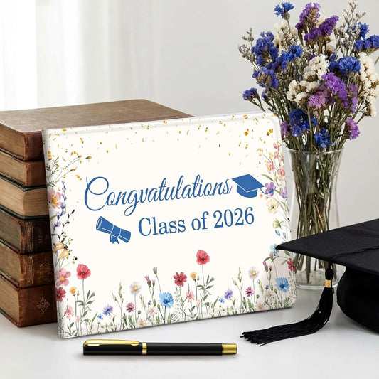 Gueevin 2026 Graduation Guest Book with Floral Leather Cover, Class of 2026 Wildflower Guest Sign in Book with Pen Congratulation Graduates Signature Books for Graduation Party Favor(Vintage Style)