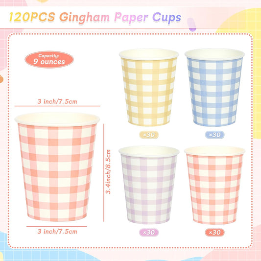 120pcs 9oz Gingham Party Paper Drinking Cups, 4 Colors Easter Party Disposable Plaid Paper Cups Easter Paper Cups Checkered Cups for Wedding Birthday Decoration Fiesta Baby Shower Picnic