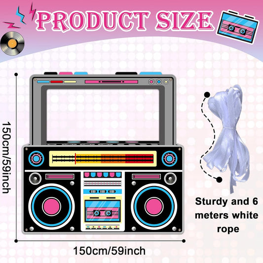 Radio Boombox Photo Booth Props for 80s 90s Party Decorations 59 X 59 Inch, Neon Radio Boombox Selfie Frame Backdrop Hanging Banner Party Supplies for 90s Boys Girls Hip Hop Music Theme Birthday Decor