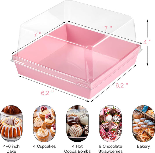 ZORRITA 7 x 7 x 4 Inches Paper Cake Boxes with Clear Lids, 20 Pack Disposable Charcuterie Boxes Square Food Containers for 4-6 Inch Cake, Dessert, Pie, Cupcake, Bakery (Pink)