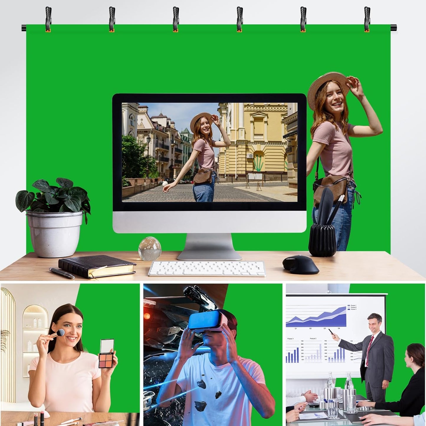 EMART Green Screen Backdrop Kit with Reverse Folding Base, 5x6.5ft Photo Greenscreen Background with Portable T-Shape Stand and 6 Clamps for Photography, Photoshoot, Studio Video Recording, Streaming