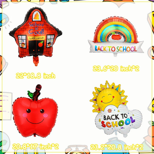 10 PCS Welcome Back To School Balloons, Colorful House Sun, Rainbow, Apples Balloons, "ABC" Letter, 123 Number Balloons For Back To School Decorations, Kindergarten Classroom Party Decorations
