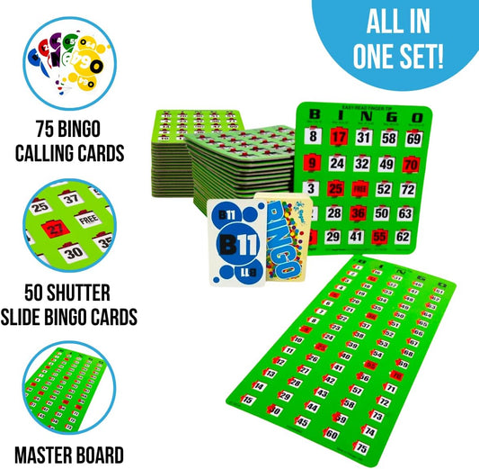 Regal Bingo Game Set for Adults and Kids - 50 Bingo Cards with Sliding Windows, Reusable & Large Bingo Cards, 1 Master Board - Fun Family Game Night - No Chips & Daubers Needed - Green