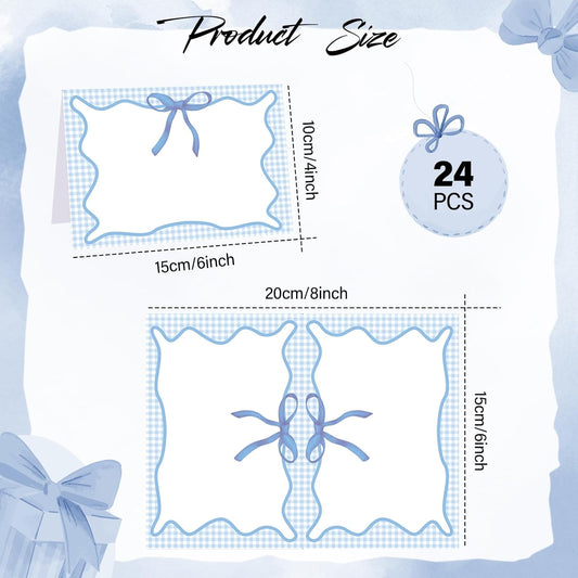 Maitys 24 Pcs Blue Gingham Picnic Party Decoration Bow Place Cards 6 x 4 Inch Summer Themed Bow Tent Card Large Holiday Table Setting Food Label for Summer BBQ Bridal Showers Supplies