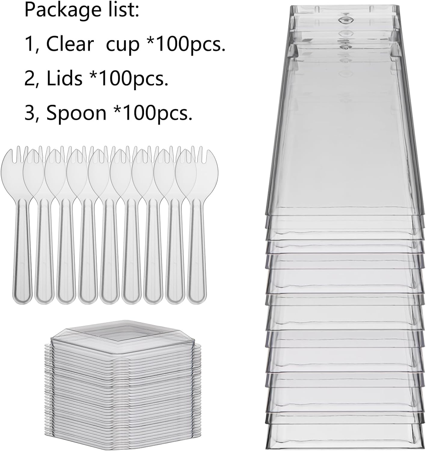 100 Pack Clear Dessert Cups with Lids and Spoons, 5.4oz Mini Dessert Cups Reusable Square Parfait Cup for Party Appertizer, Christmas