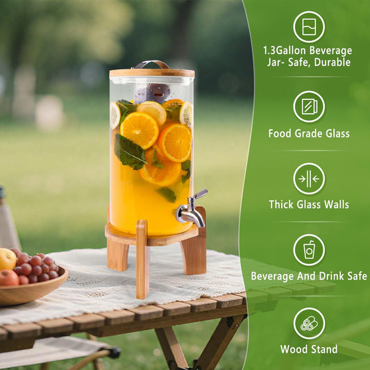 2 Gallon Drink Dispenser, Glass Beverage Dispenser with Wood Stand, Lemonade Dispenser with Airtight Valve and Stainless Steel Spigot Fruit Infuser, Thick Drink Dispenser for Parties Restaurants