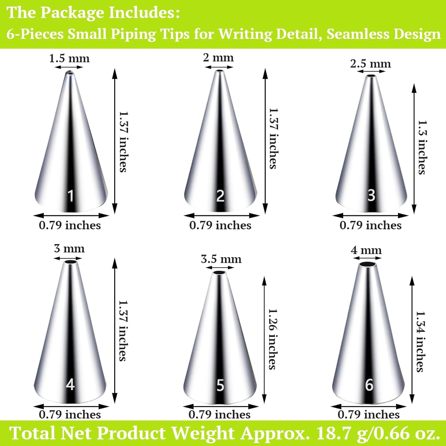 Suuker Round Piping Tips Set, Seamless Stainless Steel Icing Tips Cupcake Frosting Nozzles Small Cake Decorating Tip, Cake Writing Tool for Easy Cake Cupcake Dessert Cookies Decorating, 6 Pieces