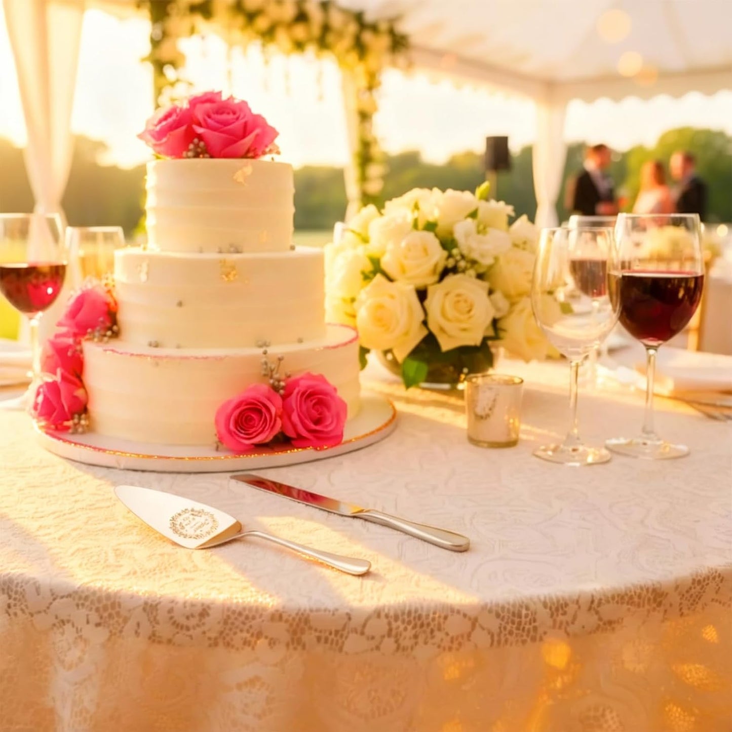 4 Piece Wedding Cake Cutting Set, Knife and Server with Forks, Elegant Wedding Cake Knife and Server Set for Bride and Groom(Gold)