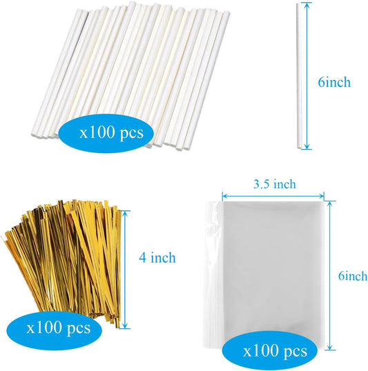 300 PCS Cake Pop Sticks and Wrappers Kit Including 100ct 6-inch Cake Pop Paper Lollipop Sticks, 100ct Clear Candy Treat Bags, 100ct Gold Twist Ties for Cake Pops, Lollipops, Candy, Chocolate