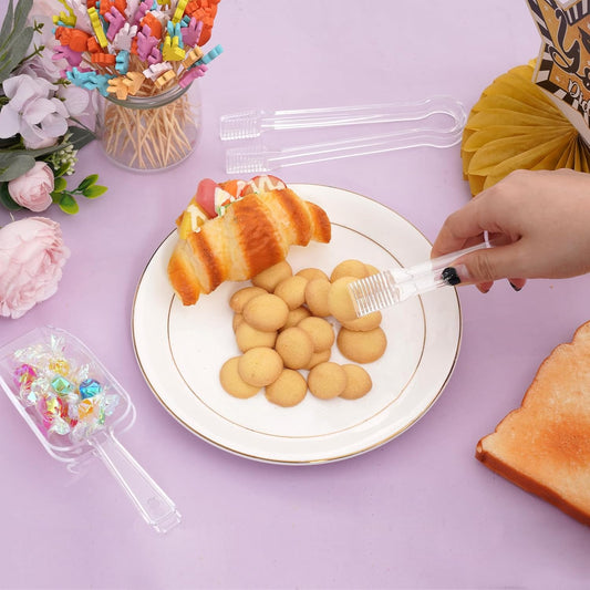 12Pcs Clear Plastic Ice Scoops Tongs Set, Small Tongs for Serving Food, Mini Candy Scoops for Candy Buffet Dry Goods Freezer Bin Canisters (Clear Pink)