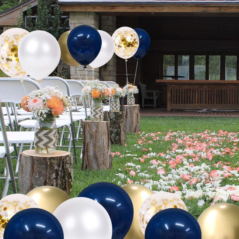 Navy Blue and Gold Confetti Balloons, 50 pcs 12 inch Pearl White and Gold Metallic Chrome Birthday Balloons for Celebration Graduation Party Balloons