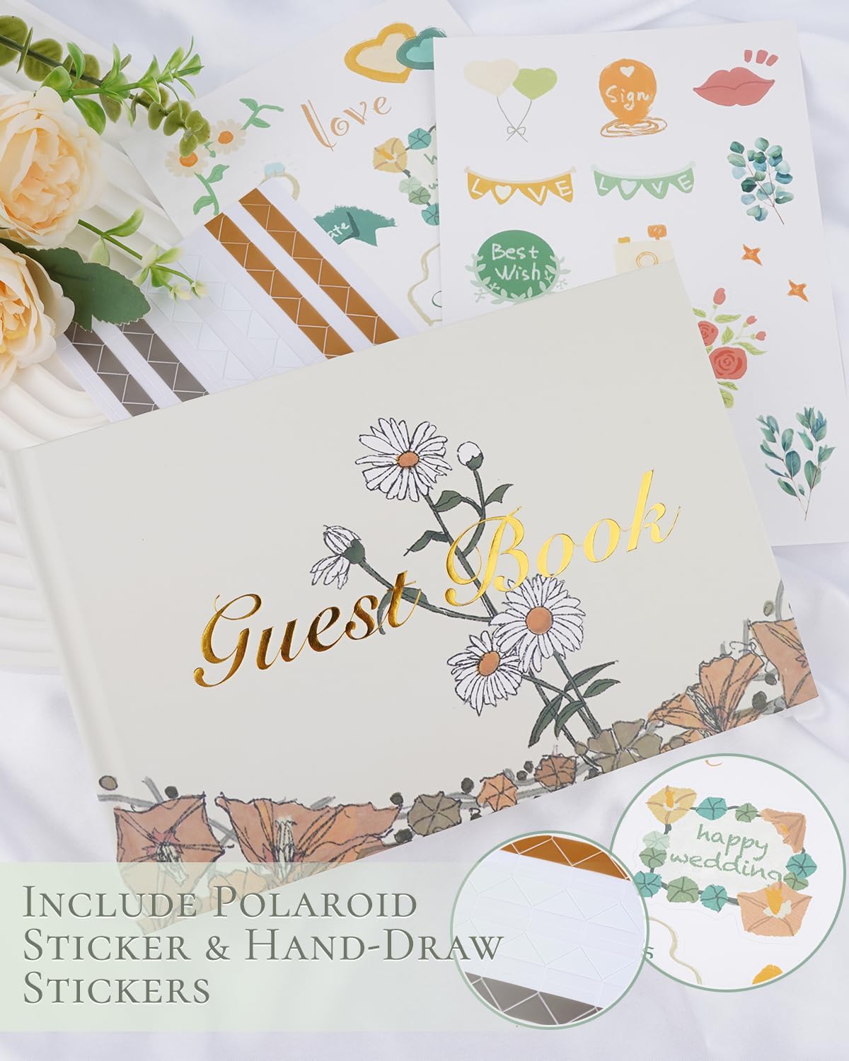 Guest Book for Wedding Reception, Party, Birthday, Polaroid GuestBook Retro Elegant Daisy Guest Sign In Book, Anniversary Sign Book Alternatives, 200 Blank Pages(100 sheets), 8.7"x5.9"