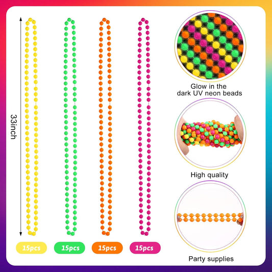Draupnir 60 PCS Mardi Gras Beads Neon, Glow in the Dark Bead Necklaces, 80s Colorful Party Favor Supplies, Neon Night Accessories for Christmas Carnival Concert Wedding Birthday Decorations