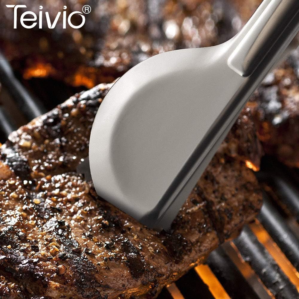 Teivio Stainless Steel Metal Serving Utensils - Large Set of 9-10" Spoons, 10" Slotted Spoons, and 9" Tongs (Silver)