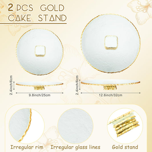 Blushtier 2 Pcs Footed Gold Glass Cake Stand 9.8" 12.6" Round Cake Plate Pedestal Platter Dessert Server Tray for Serving Wedding Birthday Party Display Housewarming Gift