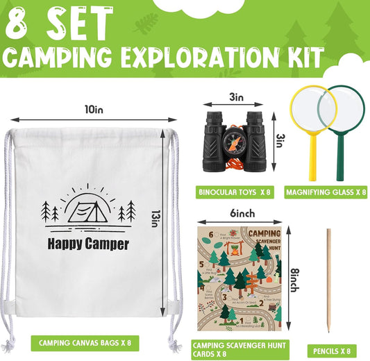 HyDren 8 Sets Camping Party Favors for Kids Safari Party Favors with 8 Camping Scavenger Hunt Cards 8 Canvas Gift Bags 8 Binocular Toys 8 Magnifying Glass 9 Pencils Outdoor Exploration Kit