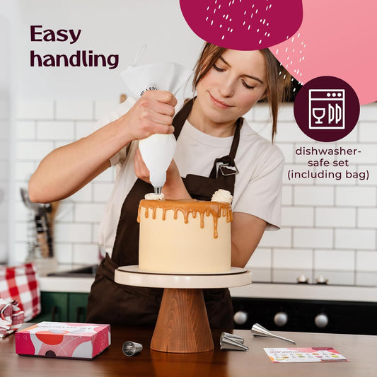 Premium Reusable Piping Bags and Tips Set - Cotton Pastry Bag 16" with 8 Large Icing Tips for Cake Decorating - Large Piping Tips Set - Dishwasher Safe