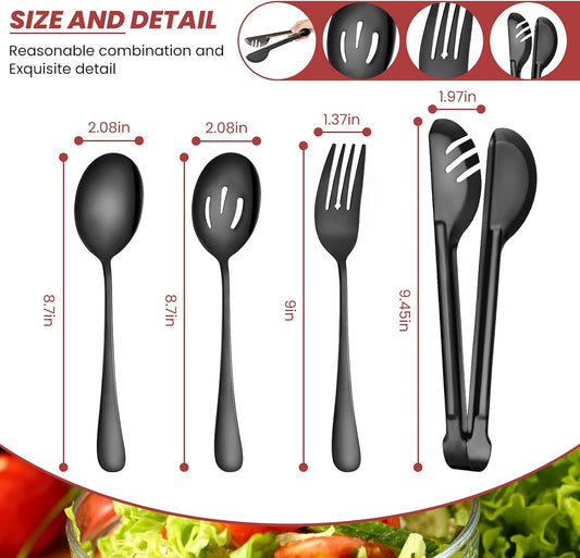 Patelai 15 Pcs Black Stainless Steel Serving Utensil Set 8.7" Large Spoons and Slotted Spoon 9.45" Tong 9" Forks Flatware Wedding Party Restaurant Cooking Kitchen Holiday Buffet Banquet Catering Hotel