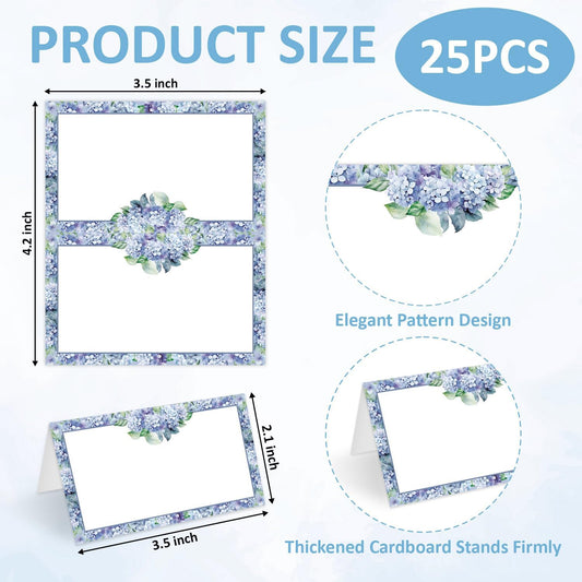 25 Pcs Hydrangea Floral Place Cards, Purple Blank Tent Name Cards for Food Buffet, Dinner Party, Wedding Reception, Bridal Shower Table Setting -06