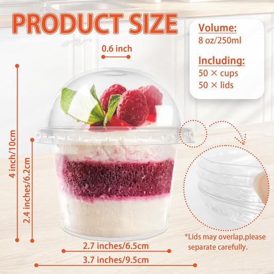 Jnnzzggu 50 Pcs 8 OZ Disposable Plastic Cups with Dome Lids,Clear Dessert Cup,Mini Parfait Appetizer Containers for Ice Cream,Cake,Fruit,Pudding,Jello Shot,Drink,Yogurt,Soups,Salad,Snacks