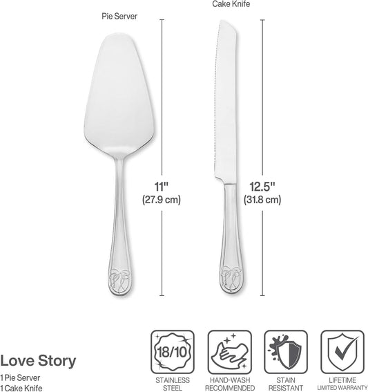 Mikasa Love Story 2-Piece Cake Set, 18/10 Stainless Steel Cake Knife and Pie Server with Ribbon Handle Detail, Elegant Flatware Serving Set for Weddings and Special Occasions