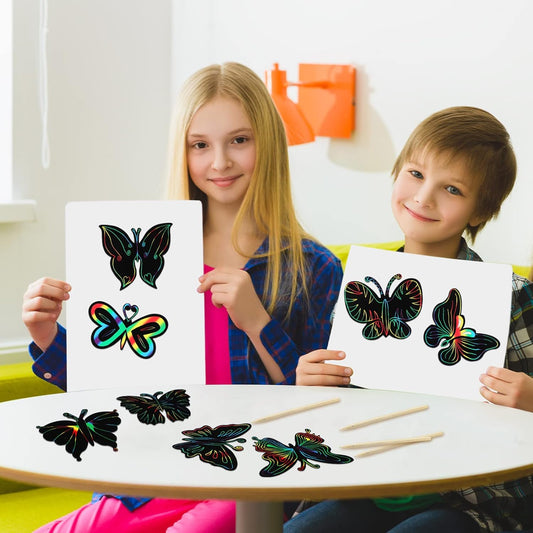 Sratte 48 Pcs Butterfly Scratch Cards for Kids Rainbow Christmas Scratch Crafts 12 Styles Scrape Off Butterfly Party Favors for DIY Crafts Home Decoration Art Project Games, with Bamboo Stylus