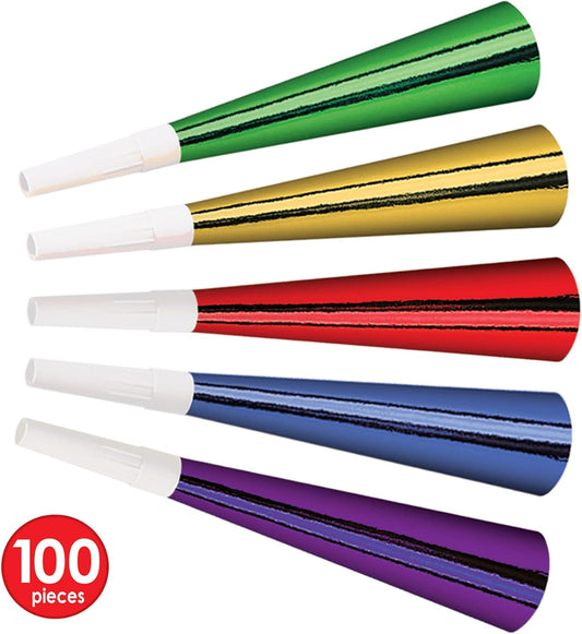 Beistle Foil Horns – 100 Pack, Colorful Party Noisemakers with White Plastic Mouthpieces in Assorted Colors for New Year’s Eve Countdowns, Parties, Parades, Sporting Events, Birthdays and Celebrations