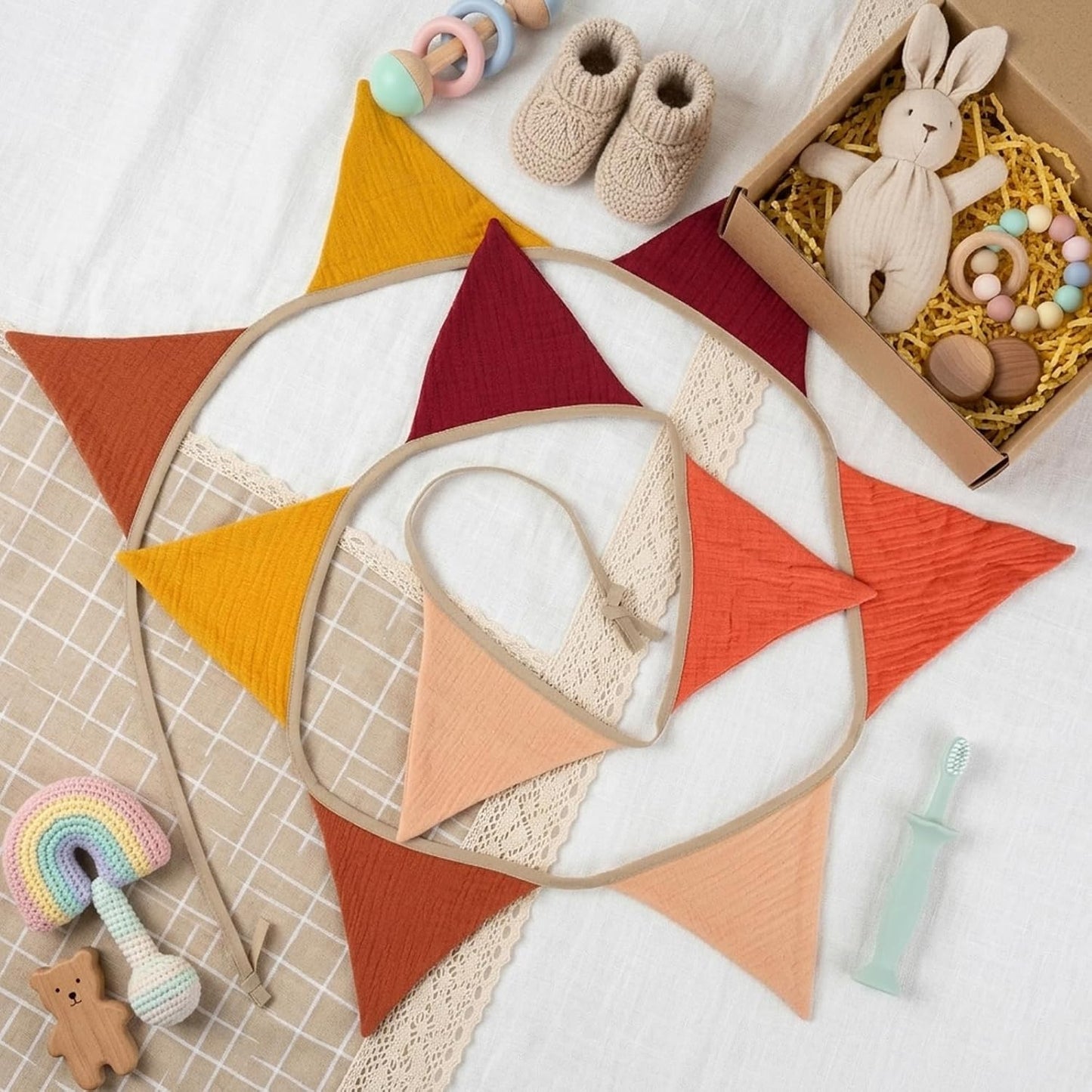 Fabric Bunting Banner, 2 Pack Handmade Neutral String Banner Each 8.5 ft 10 Flags Nursery Wall Hanging Wedding Birthday Home Baby Shower Party Decoration Bunting (Pink Candy)