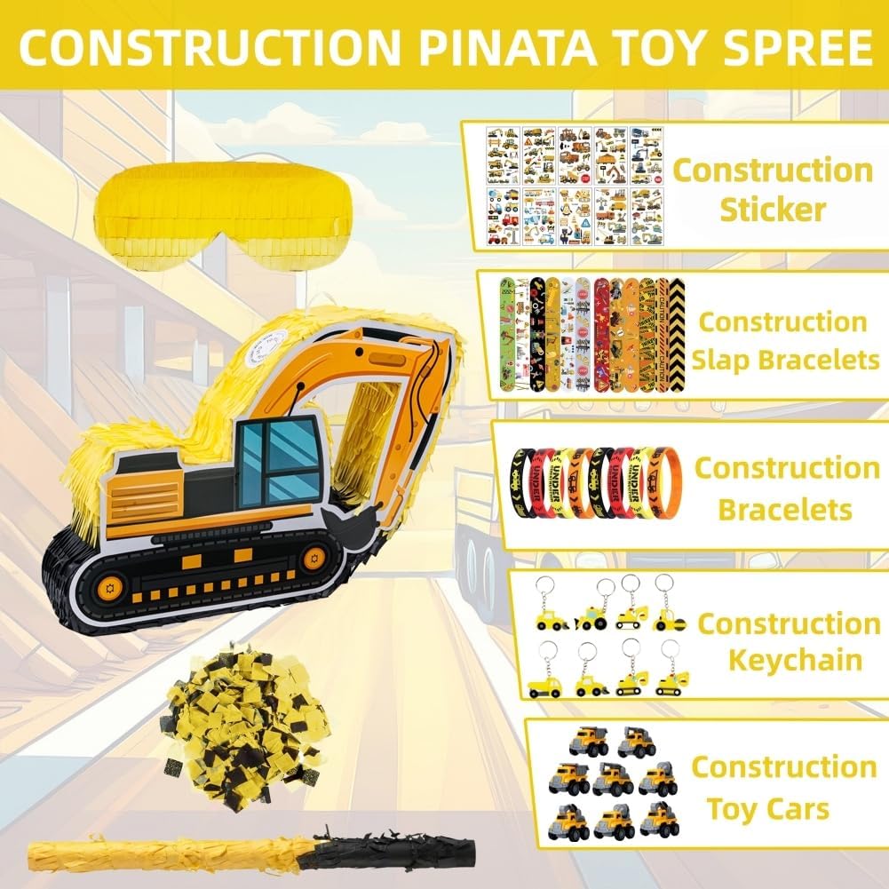 Construction Pinata Dump Truck Pinata for Boy Kids Construction Birthday Party Tractor Excavator Car with Vehicles Toys Bracelets Stickers Tapes Confetti Tools