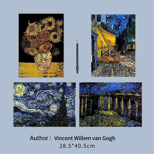 Scratch Art Painting Scratch Paper Rainbow Painting Sketch Pads DIY Art Craft Set, 4 Pcs Vincent Van Gogh Engraving and 24Pcs Classic Landmarks and Animal Series for Kids & Adults with 3 Tools