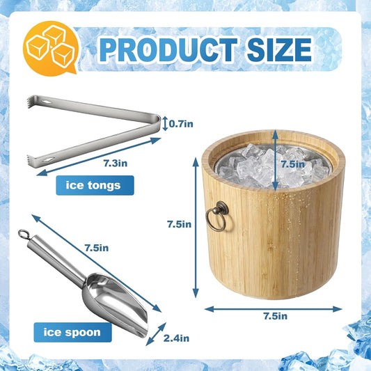 Honeydak 3L Bamboo Ice Bucket with Stainless Steel Interior, Insulated Ice Bucket with Lid & Handles, Includes Scoop & Tongs, for Champagne, Wine, Cocktails, Parties, Bars, Home, Outdoor