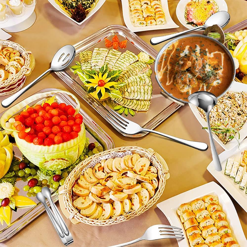8 PCS Stainless Steel Serving Utensils, Large Serving Spoons Slotted Spoons, Forks, Ice Suger Tongs, Cake Server, Soup Ladle, Metal Utensils Set Great for Buffet Catering Banquet Party, Gold
